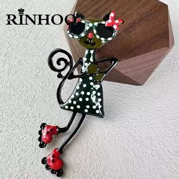 Rinhoo Lovely Wearing Sunglasses Sexy Cat Броши для женщин Мультфильм Эмаль Котенок Лацкан Пряжка Булавки Животные Домашние животные Значок Ювелирные Изделия
