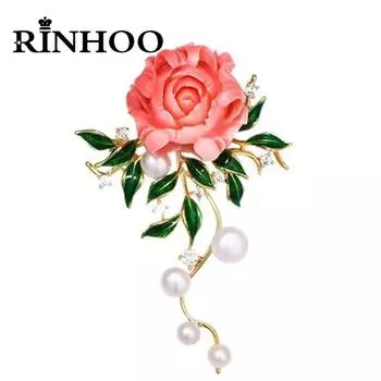 Брошь в виде розового пиона Rinhoo для женщин, роскошная имитация жемчуга, зеленый лист, цветочный лацкан, значок в виде букета растений, свадебные украшения