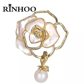 Rinhoo Trendy White Enamel Flower Camellia Brooch For Women Elegant Simplicity Tassel Pins Latte Badge Jewelry