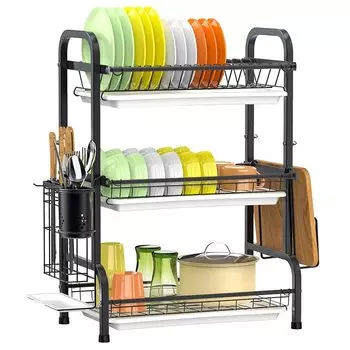 RiniroLis Drainer 3 Tier Dish Drainer 304 Нержавеющая сталь Drainer Кухонное хранилище Большая разделочная доска для ножей Держатель палочек для еды Легко для японской кухни
