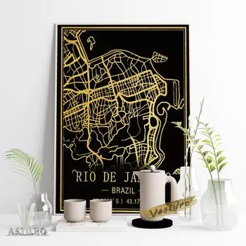 Рио-де-Жанейро, Бразилия, темный фон, карта, плакат, туризм, линия города, печать, настенная наклейка, современный минимализм 21cm30cm NoFrame