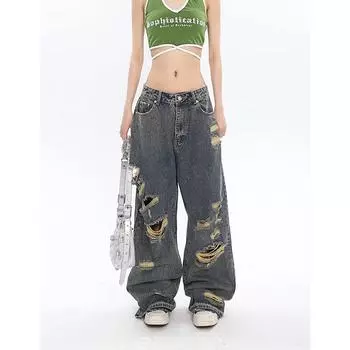 Синие джинсы с рваными дырками, женские модные полые брюки Y2K с высокой талией, широкие брюки в стиле гранж, уличная одежда, женские брюки, прямые брюки S синий