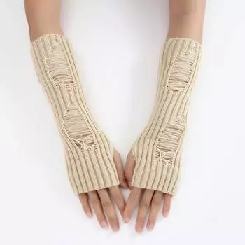 Ripped Hollow-out Wool Oversleeve 2023 Fall and Winter New Arrival Mid Length Long Length Open Finger Female Heattech Fashion Tide Knitting Arm Sleeve Beige One size