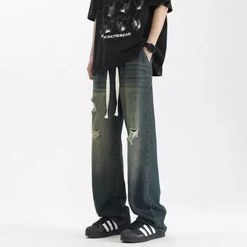 Ripped Jeans Men s New Summer Loose Straight American High Street Wide-leg Pants Versatile Long Trousers S
