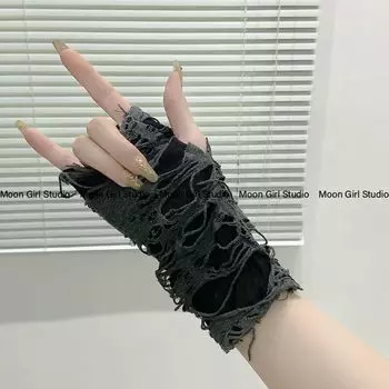 Ripped Sub-Culture Beggar Female Half Finger Sun Protection Oversleeve Short Gray All yards