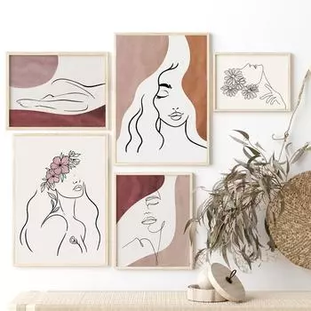 Рисование линий, настенное искусство, абстрактный плакат с принтом, цветочная девушка, ретро холст, картина, украшение для гостиной, настенные картины для дома A4 21x30cm No Frame