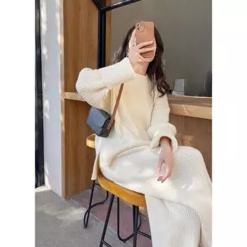 Рисово-белый нежный стиль темпераментный вязаный костюм женский осень и зима новый стиль ленивый стиль широкие брюки свитер ленивый комплект из двух предметов S бежевый