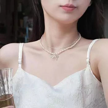 Рисовое зерно, имитация жемчуга, бант, двухслойное ожерелье, женская цепочка на ключицу высокого класса, темперамент белый