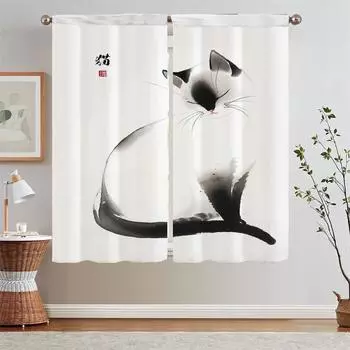 Рисунок чернилами кота Кудри Подхваты для штор в гостиной Короткие оконные шторы Шторы Затемняющая перегородка Тюль на кухне Щупальца W50xH70cmx2pcs-CL