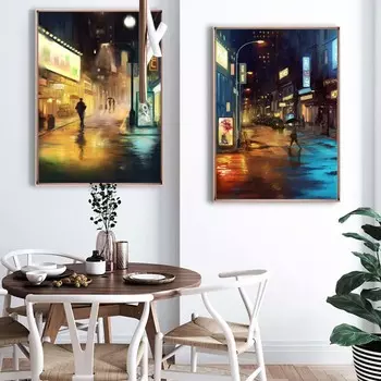 Рисунок маслом ночь после дождя вид с улицы искусство холст картина гостиная коридор офис украшение дома фреска без рамки 21*30cm No Frame