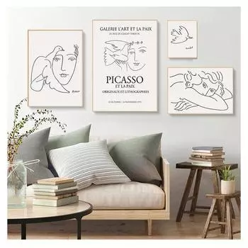 Рисунок, настенная живопись на холсте, плакаты на скандинавскую тему и принты, настенные панно для декора гостиной, Пикассо Матисс, девушка, линия птицы 21cm30cm NoFrame