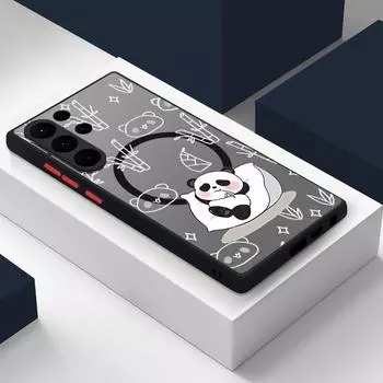 Рисунок панды для магнитного чехла Magsafe для Samsung S24 S22 Ultra Plus S23 S21 S20 Fe Мягкие края Прозрачный жесткий акриловый тонкий чехол Samsung S24 чёрный