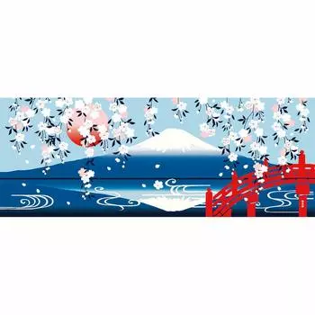 Рисунок в стиле хама с изображением цветущей плакучей сакуры тенугуи и перевернутой горы Фудзи.