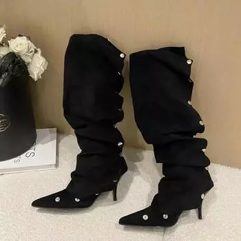 Заклепки, пуговицы, каблук, молния, дизайн, высокие сапоги для женщин 2024 года, модные сексуальные тонкие каблуки, длинные сапоги, остроносые туфли Botas Mujer 35 чёрный