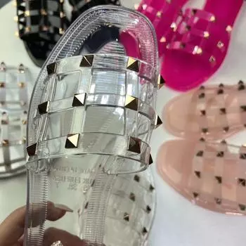 Rivet cool slippers women s 2025 summer casual colored diamond large size flat bottom foot cover with women s slippers manufacturer 36 розовый