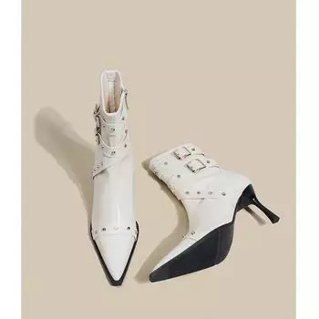 Rivet foreign style small short boots women s spring and autumn single boots soft leather thin heels pointed high heels autumn and winter 35 белый
