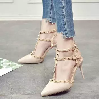 Rivet High Heels Women S Stiletto Single Shoes Versatile Summer Sexy Pointed T-Shaped With Empty Willow Sandals Women 34