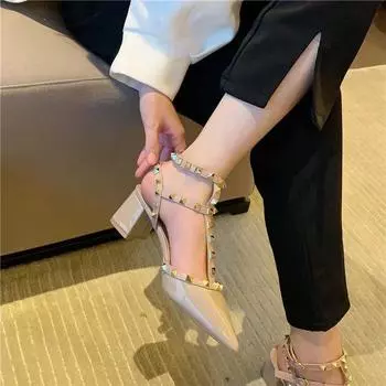 Rivet high heels women s stiletto single shoes versatile 2025 summer sexy pointed t-shaped with empty willow sandals women 34