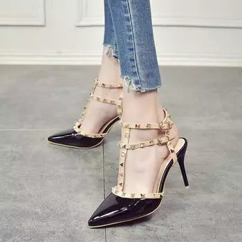 Rivet high heels women s stiletto single shoes versatile 2025 summer sexy pointed t-shaped with empty willow sandals women 34