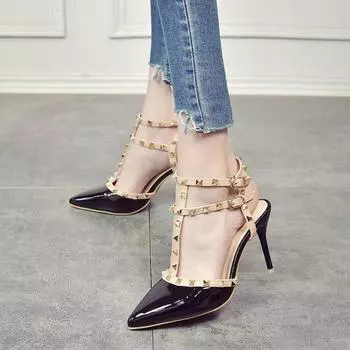 Rivet high heels women s stiletto single shoes versatile 2025 summer sexy pointed t-shaped with empty willow sandals women 34