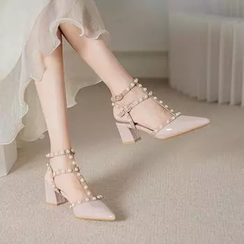 Rivet nude high heels women s spring summer new hollow single shoes Internet celebrity thick heel pointed large size women s shoes 41 to 43 33