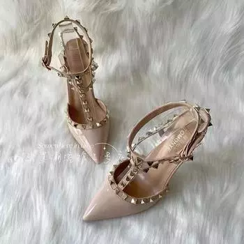 Rivet nude high heels women s stiletto 2025 summer new pointed Internet celebrity sexy empty women s single shoes large size 34