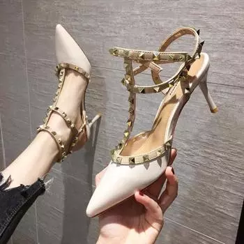 Rivet nude high heels women s thin heels 2025 spring and summer new pointed versatile Internet celebrities sexy empty women s shoes 34