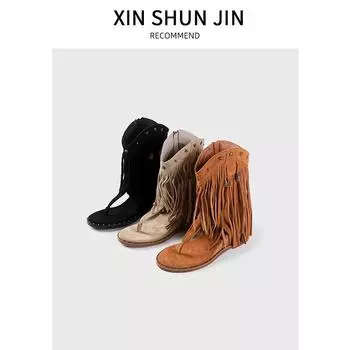 Rivet pinch foot fringed sandals women s new summer open-toe side zipper inner height increase western cool boots 35