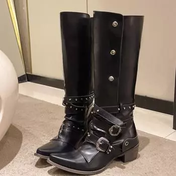 Rivet pointed knight boots design sense Spice girl retro black punk pants boots small but knee boots 35