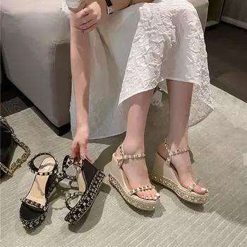 Rivet Rome Women Sandals High Heels Buckle Strap Metal Rattan Weave Platform Wedges Shoes For Women Beach Cane Sandals Open Toe 34