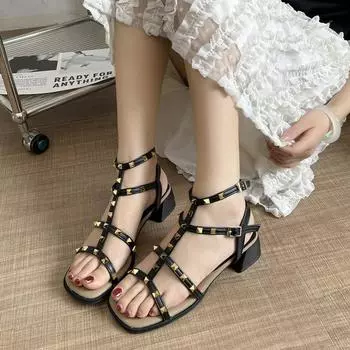 Rivet sandals female 2025 summer new fashion fairy style with skirt thick heel Roman style high heel sandals 35 чёрный