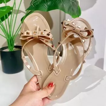 Riveted Flip Flops Women Sandals Summer Jelly Shoes Women s Flat Bottomed Slippers Summer Casual Rivet Slippers Outside 36-42 36 чёрный