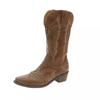 Riveted retro Western cowboy boots for Women New chunky heel V-cut embroidered knight boots with pointed mid-calf boots P825 35 коричневый