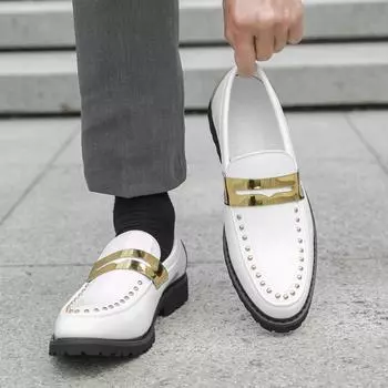 Rivets Patent Leather Loafers Slip-On Dress Shoes Fashion Business Wedding Leather Shoe Men Party Casual 2025 White Derby Shoes 38
