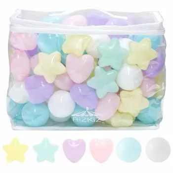 RiZKiZ Цветные шарики Пастель 7 цветов Упаковка 100 штук Диаметр для мягкой игры - Круг/Звезда/Сердце - - - - 5,5 см - [Изготовлено из полиэтилена] (Для бассейнов/шаров