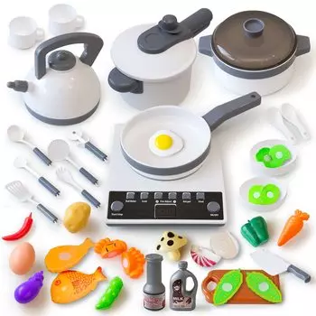 RiZKiZ Play House Кухонная утварь Овощи 36 предметов IH Плита, которая зажигается и создает реалистичные кухонные проходы для приготовления пищи Дети и набор, Звуки,