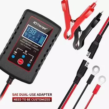 RJtianye Smart Automatic зарядное устройство для мотоциклетных аккумуляторов с 2-метровым зажимом для свинцово-кислотных аккумуляторов 6 В-12 В 2 Ач-20 Ач чёрный