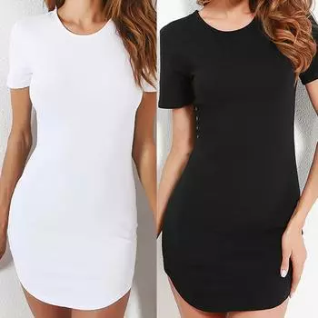 RL Модное женское повседневное женское мини-платье с короткими рукавами и круглым вырезом с короткими рукавами L чёрный