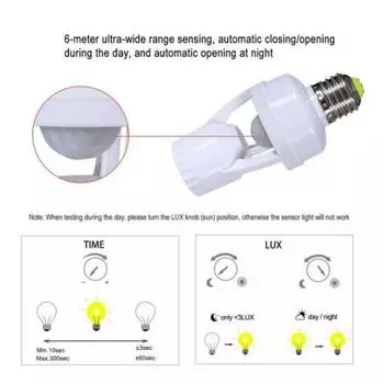 RnnTuu 360 Degrees PIR Human Induction Motion Sensor LED Night Lamp Socket E27 Base AC 110V-220V Delay Time Adjustable Switch E27
