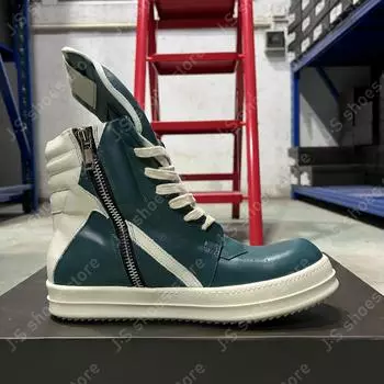 Ro Classic Boots Cyan Leather High Top Shoe Men Sneaker Zipper Women Casual Shoes Lace Up Geobasket Ankle Boot Cowhide Sneakers 34