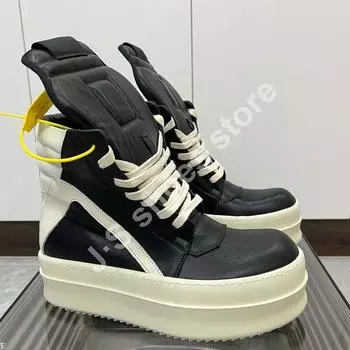 Ro Classic Men Shoe Ankle Boot Women Sneaker High Top Casual Shoes Zip Lace Up 6cm Thick Sole Sneakers Black Leather Ankle Boots 34