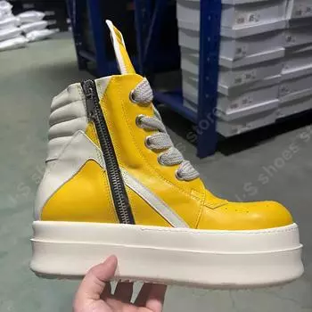 Ro Cowhide Boots Men Sneaker Women Yellow Leather Ankle Boot Jumbo Laces Platform 6cm Thick Sole Pantshoes High Top Casual Shoes 35