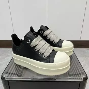 Ro Luxury Men Shoe Women Sneaker Black Leather Low Top Casual Shoes Jumbo Laces 6cm Thick Sole Pantshoes Cowhide Flat Sneakers 35