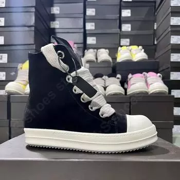 Ro Men Shoe Black Suede Boots Outdoor High Top Casual Shoes Women Sneaker Jumbo Laces Zipper Cowhide Sneakers Ankle Boot 34