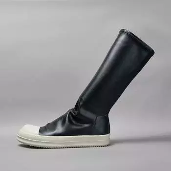 Ro Men Shoe Women Casual Shoes Stretch Boot Knee-High Black Leather Boots Loafers Flat Sneaker Cowhide Ankle Boot 34