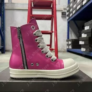 Ro Rose Pink Leather High Top Shoe Boots Cowhide Sneakers Men Shoes Zipper Women Casual Sneaker Jumbo Laces Genious Ankle Boot 34