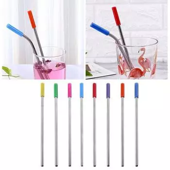 Roamtic Fashion Kitchen Нержавеющая прямая силиконовая крышка изогнутые стальные питьевые наконечники 4 шт многоразовые соломинки темно-синий