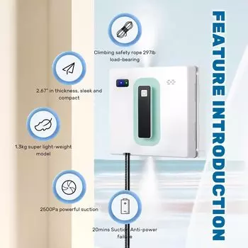 Робот для мытья окон с двойным распылением воды, умный пылесос для окон с дистанционным управлением и датчиком предотвращения падения EU Plug