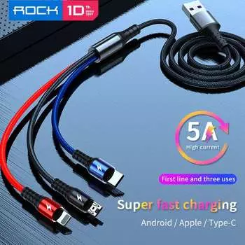 ROCK 5A USB-кабель для быстрой зарядки 3 в 1 для iPhone 12 Pro Max, 8-контактный кабель для быстрой зарядки Micro USB Type C для Samsung Huawei
