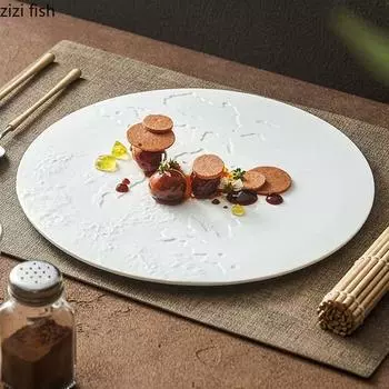 Rock Texture Relief Ceramic Flat Plate Circular Dessert Plate Steak Plate Serving Plates Molecular Cuisine Creative Tableware